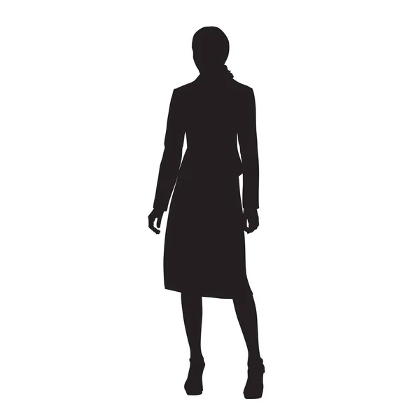 Standing woman in formal dress, isolated vector silhouette — Stock Vector