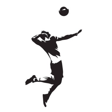 Voleybol oyuncu servis topu, izole vektör siluet. Yan