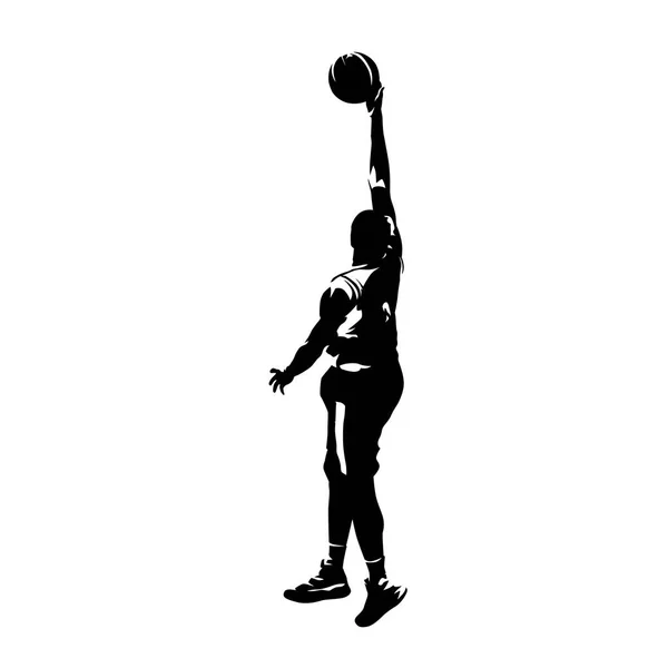 Jugador de baloncesto saltando y disparando pelota, sil vector aislado — Vector de stock