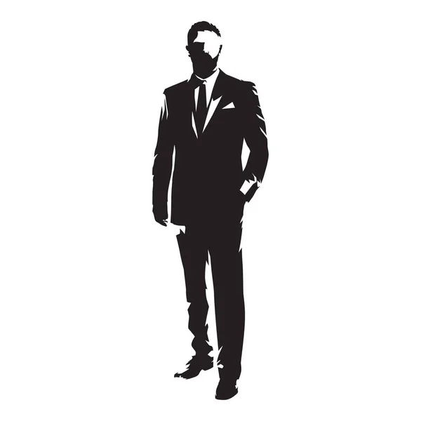 Üzleti man suit állt, a kéz a zsebben. Szemközti nézet, én — Stock Vector