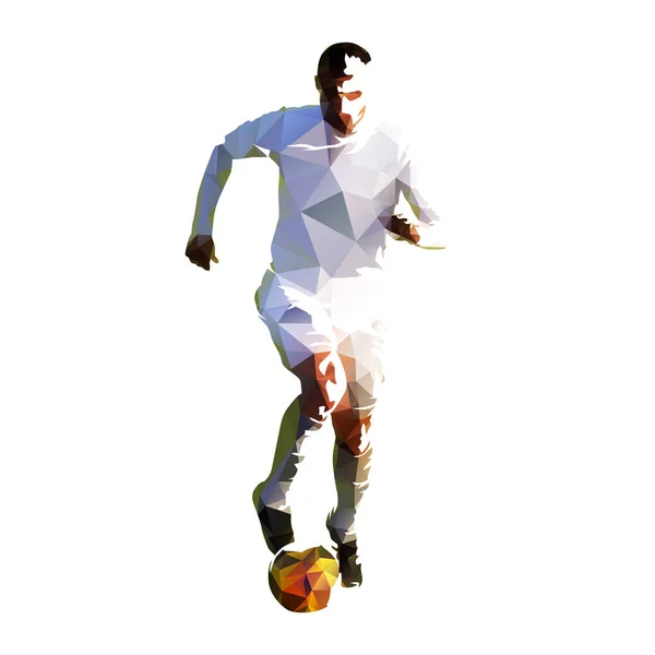 Joueur de football en maillot blanc avec ballon, geome polygonal — Image vectorielle