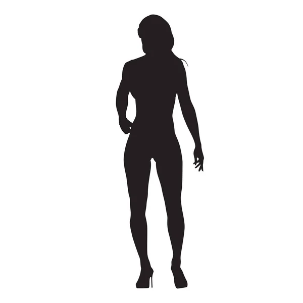 Mujer de pie y posando fitness, silueta vectorial aislada — Vector de stock