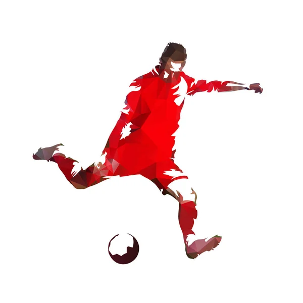 カラフルな多角形 vec、ボールを蹴っている赤ジャージのサッカー選手 — ストックベクタ