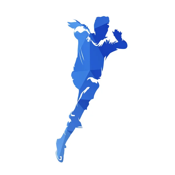 Jogador de handebol jogando bola, atirando no gol, abstrato azul g —  Vetores de Stock