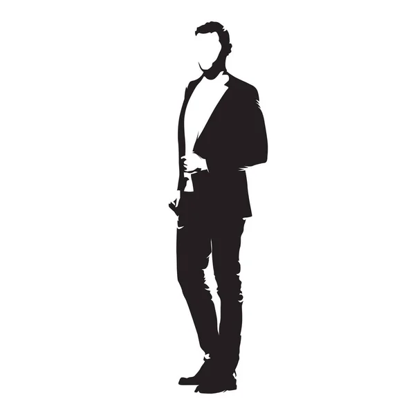Businessman standing in suit, isolated vector silhouette. Side v — Stock Vector