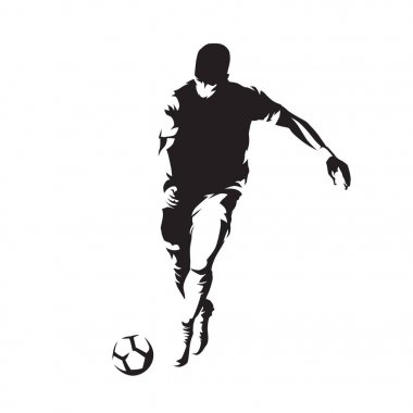 Çalışan ve topu, izole vektör silhouet tekmeleme futbolcu