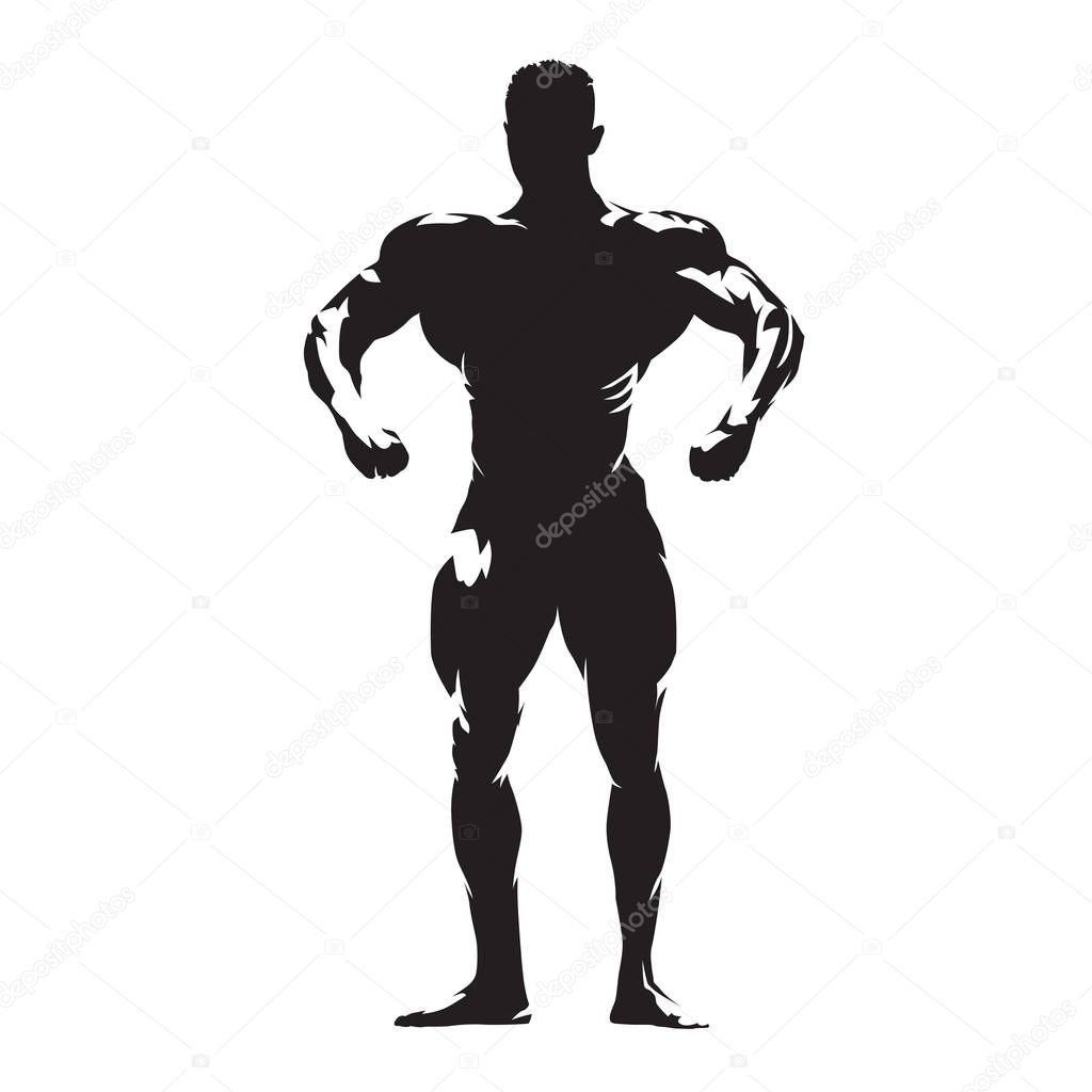 Bodybuilder with big muscles posing, isolated vector silhouette
