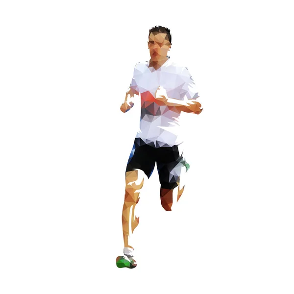 Hombre corriendo poligonal. Corredor de vectores polivinílicos bajos, vista frontal. Color. — Vector de stock