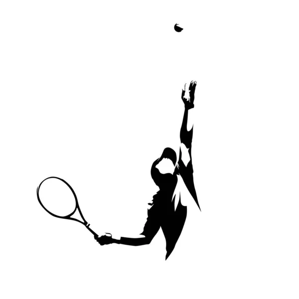 Service Tennis Joueur Tennis Servant Balle Dessin Encre Silhouette Vectorielle — Image vectorielle