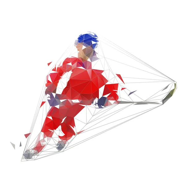 Giocatore Hockey Ghiaccio Jersey Rosso Tiro Disco Disegno Geometrico Poligonale — Vettoriale Stock