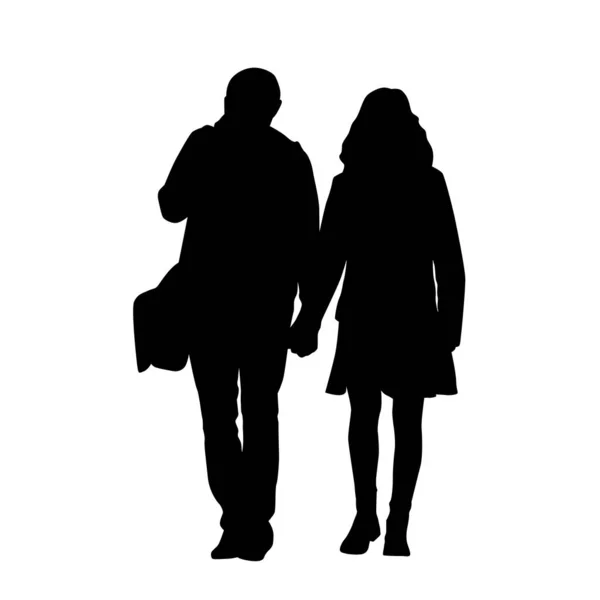 Młoda para, mężczyzna i kobieta chodzący i trzymający się za ręce, odizolowana sylwetka wektora. Widok z przodu — Wektor stockowy