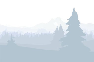 Noel zamanı. Ağaçlı, tepeli ve dağlı kış manzarası.