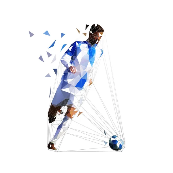 Jogador de futebol correndo com bola, baixo poli vetor isolado illust — Vetor de Stock