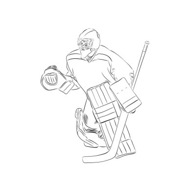 Hokey oyuncusu - kaleci. Kalem çizimi, izole vektör çizimi