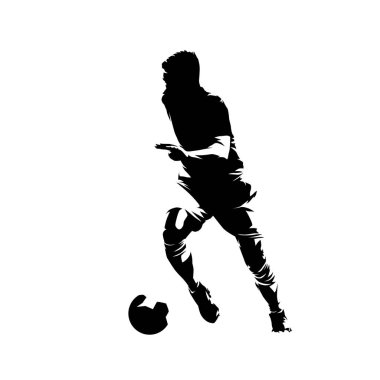 Futbolcu topla koşuyor, soyut izole vektör silueti. Futbolcu mürekkep çizimi, komedi tarzı.