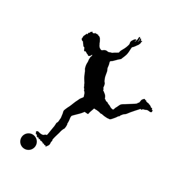 Jugador de fútbol pateando pelota, vista lateral. Silueta vectorial aislada. Futbolista — Vector de stock