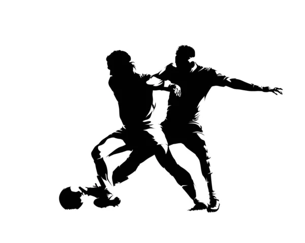 Soccer players, isolated vector silhouette. Two footballers with ball — 스톡 벡터