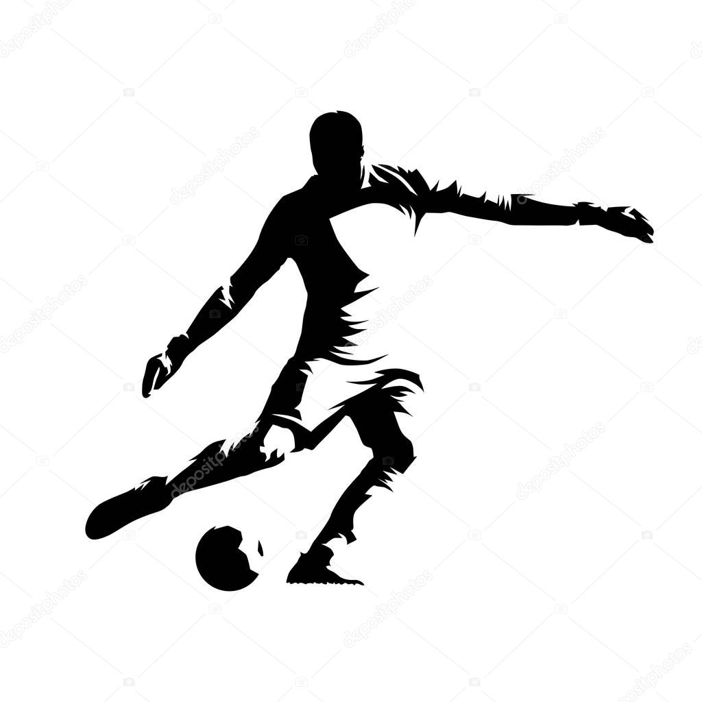 Goalkeeper kicking ball, soccer player, ink drawing. Isolated ve