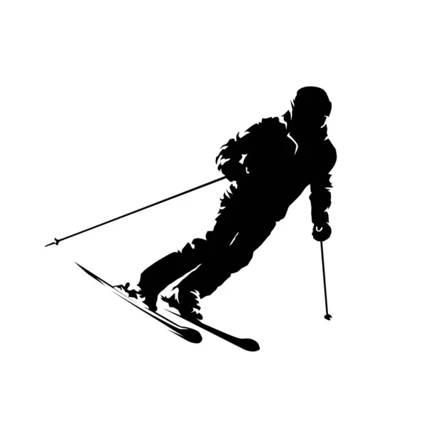 Downhill skier, active old man, ink drawing. Isolated vector silhouette. Winter skiing — 스톡 벡터