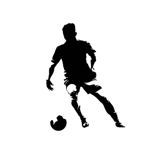 Jugador de fútbol corriendo con pelota, silueta vectorial aislada abstracta. Dibujo de tinta de futbolista, estilo cómico — Vector de stock