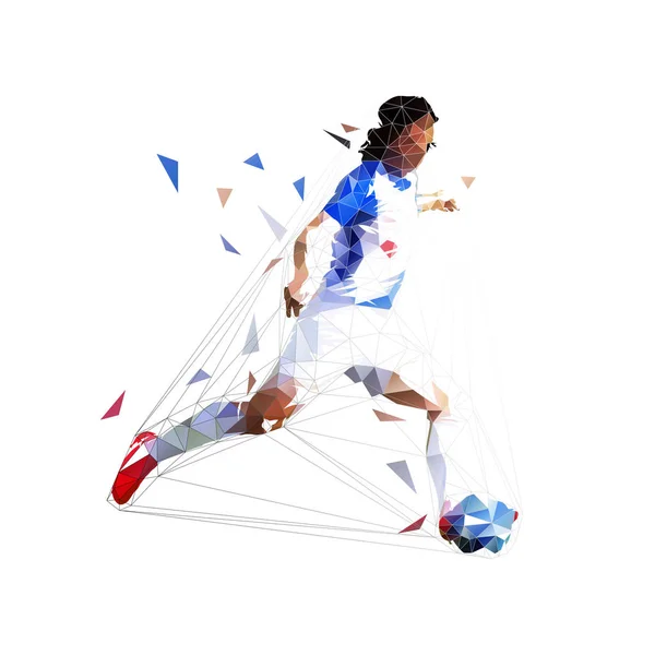 Jogador de futebol chutando bola, baixo poli desenho vetorial isolado, futebolista geométrico — Vetor de Stock