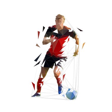 Topla koşan futbolcu, düşük poli izole vektör çizimi, geometrik futbolcu