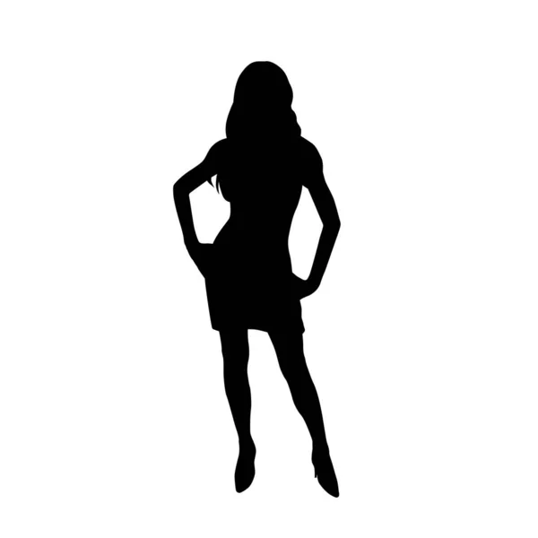 व्यवसायी महिला कूल्हों पर हाथों से खड़े, छोटी पोशाक में सेक्सी पतली महिला, फ्रंट व्यू। अलग वेक्टर सिल्हूट — स्टॉक वेक्टर