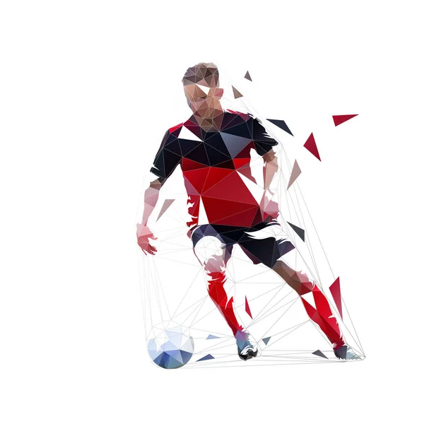 Joueur de football en cours d'exécution avec ballon, dessin vectoriel isolé bas poly, footballeur géométrique — Image vectorielle