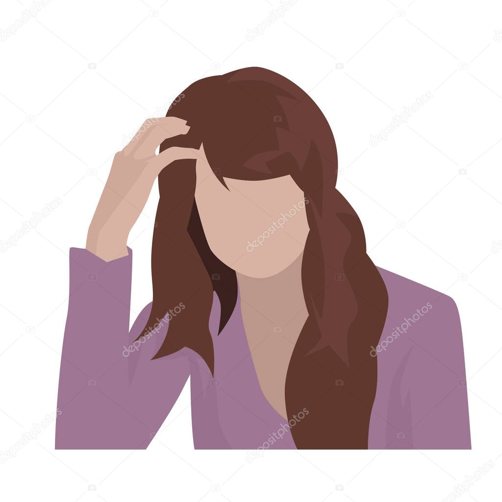 Young tired woman holding her head, isolated flat design illustration