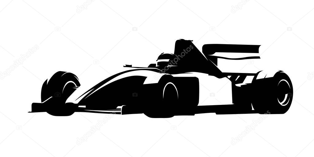 Formula racing car, isolated vector silhouette, ink drawing