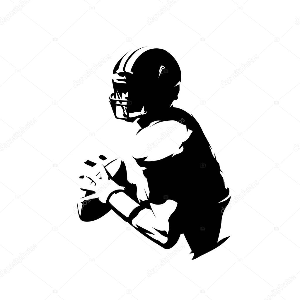 American football player holding ball, isolated vector silhouett