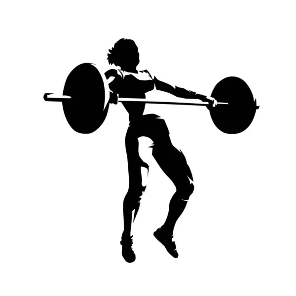 Weightlifting squats, strong woman litfs big barbell, isolated v — Stock Vector
