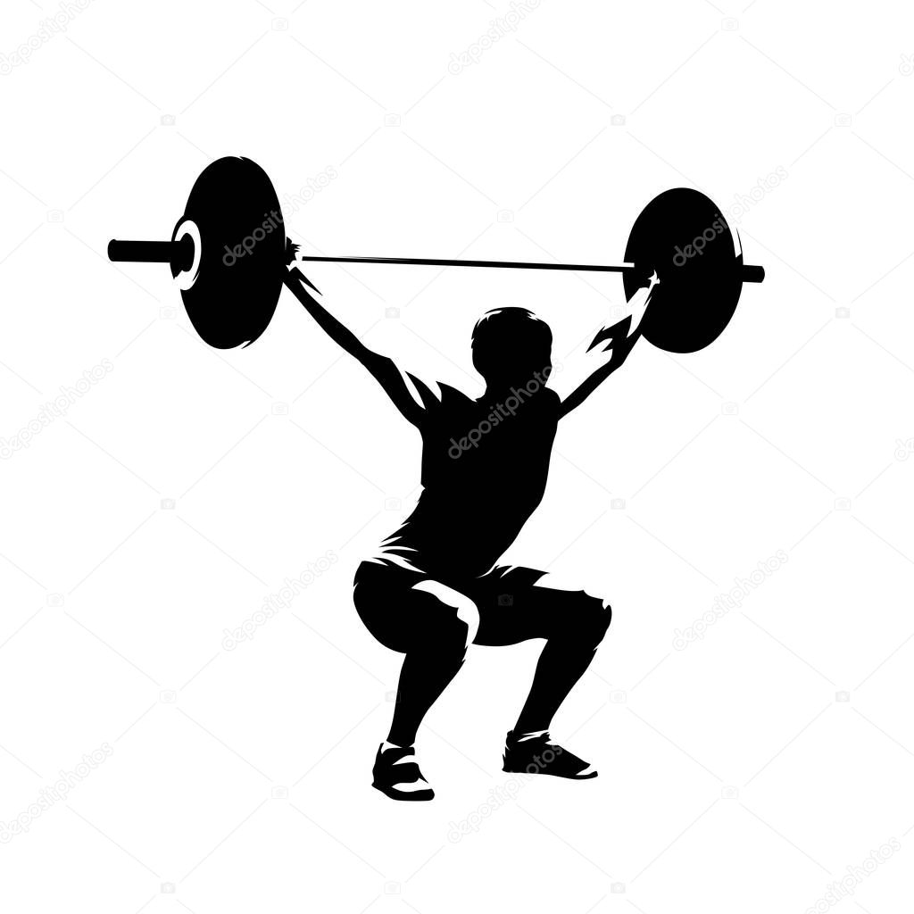 Weightlifting squats, strong woman litfs big barbell, isolated v