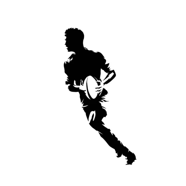 Jugador de rugby corriendo con pelota, silueta vectorial aislada, tinta — Vector de stock
