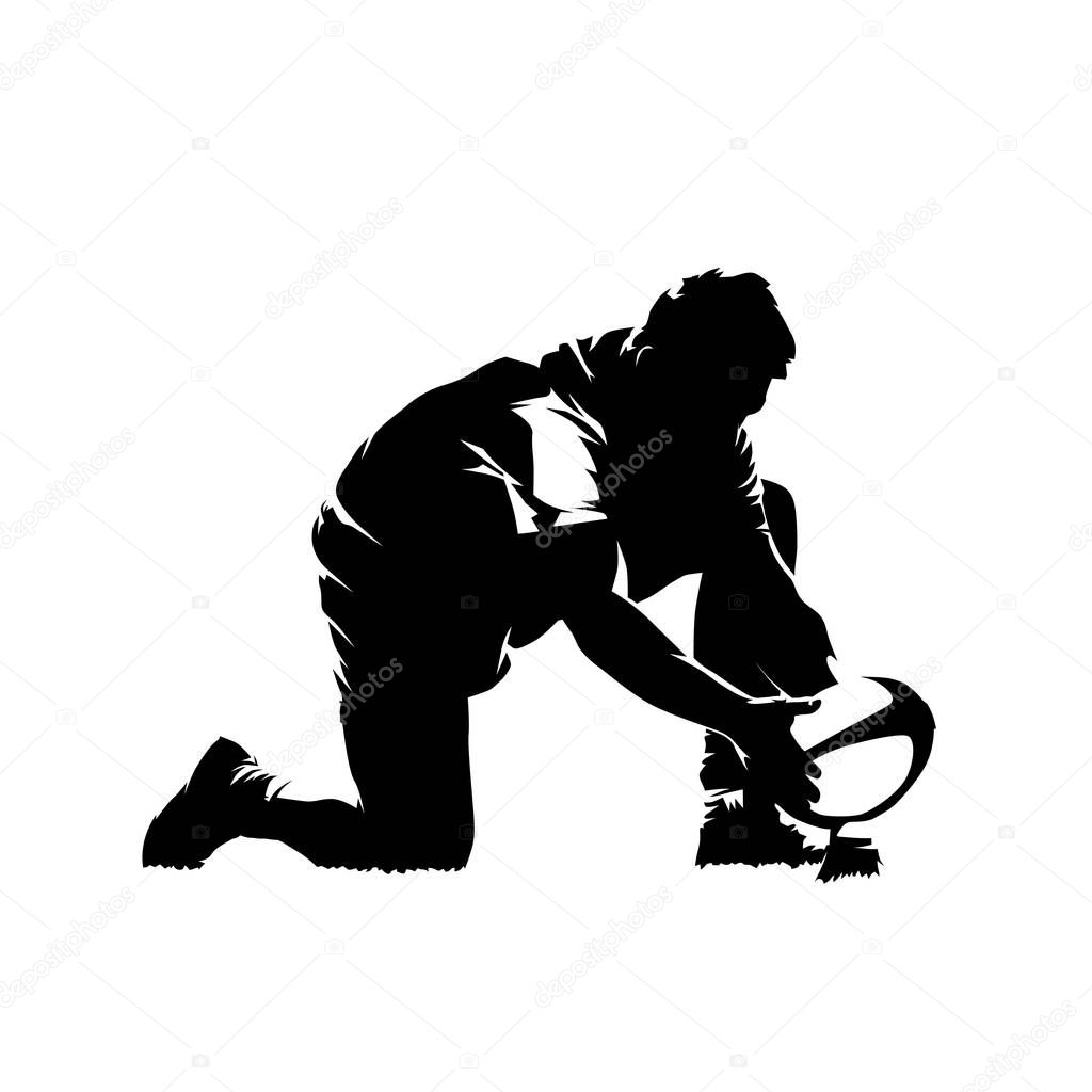 Rugby player prepares ball for penalty kick, isolated vector silhouette, ink drawing