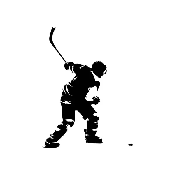 Хоккеист стрельба шайба, изолированный векторный силуэт, чернила — стоковый вектор
