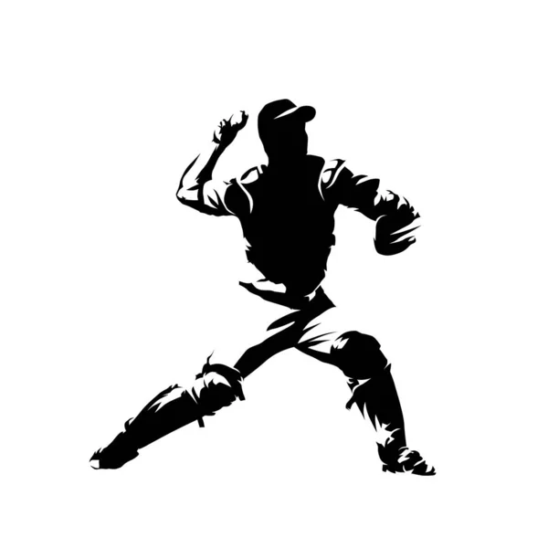 Baseball catcher throwing ball, isolated vector silhouette, ink — 스톡 벡터