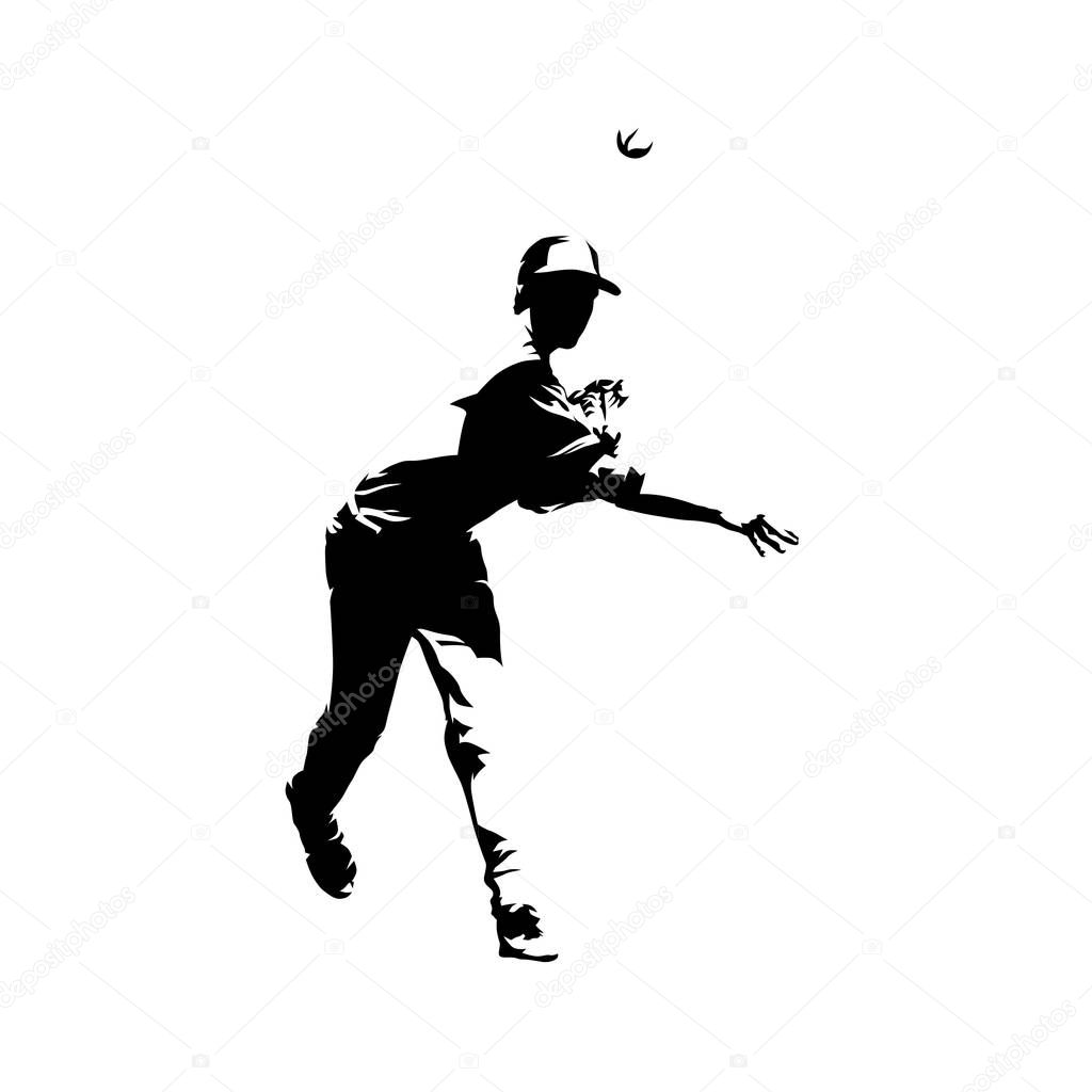 Baseball player throwing ball, isolated vector silhouette. Ink d