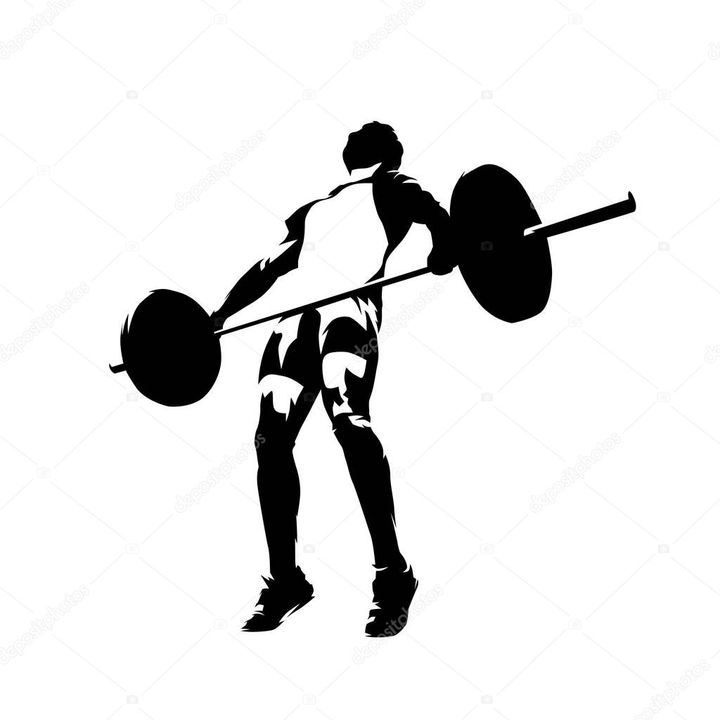 Weightlifter lifting big barbell, isolated vector silhouette. In