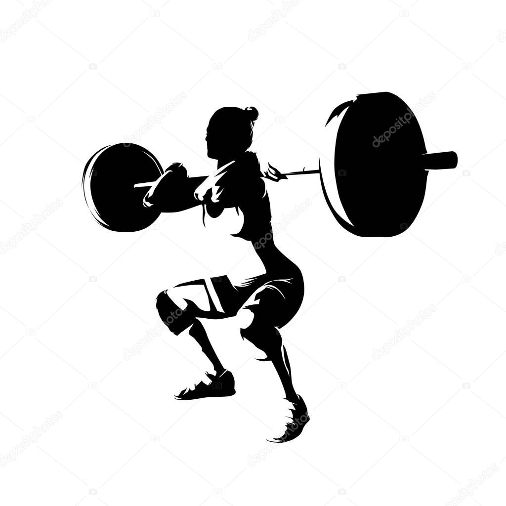 Squats, woman lifts big barbell, isolated vector silhouette. Ink