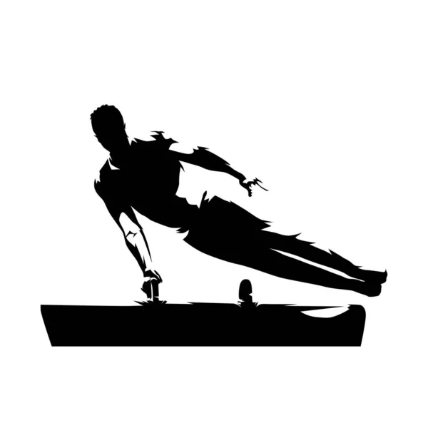 Gimnastyka, gimnastyk męski wykonuje ćwiczenia na koniu pommel. Izolat — Wektor stockowy