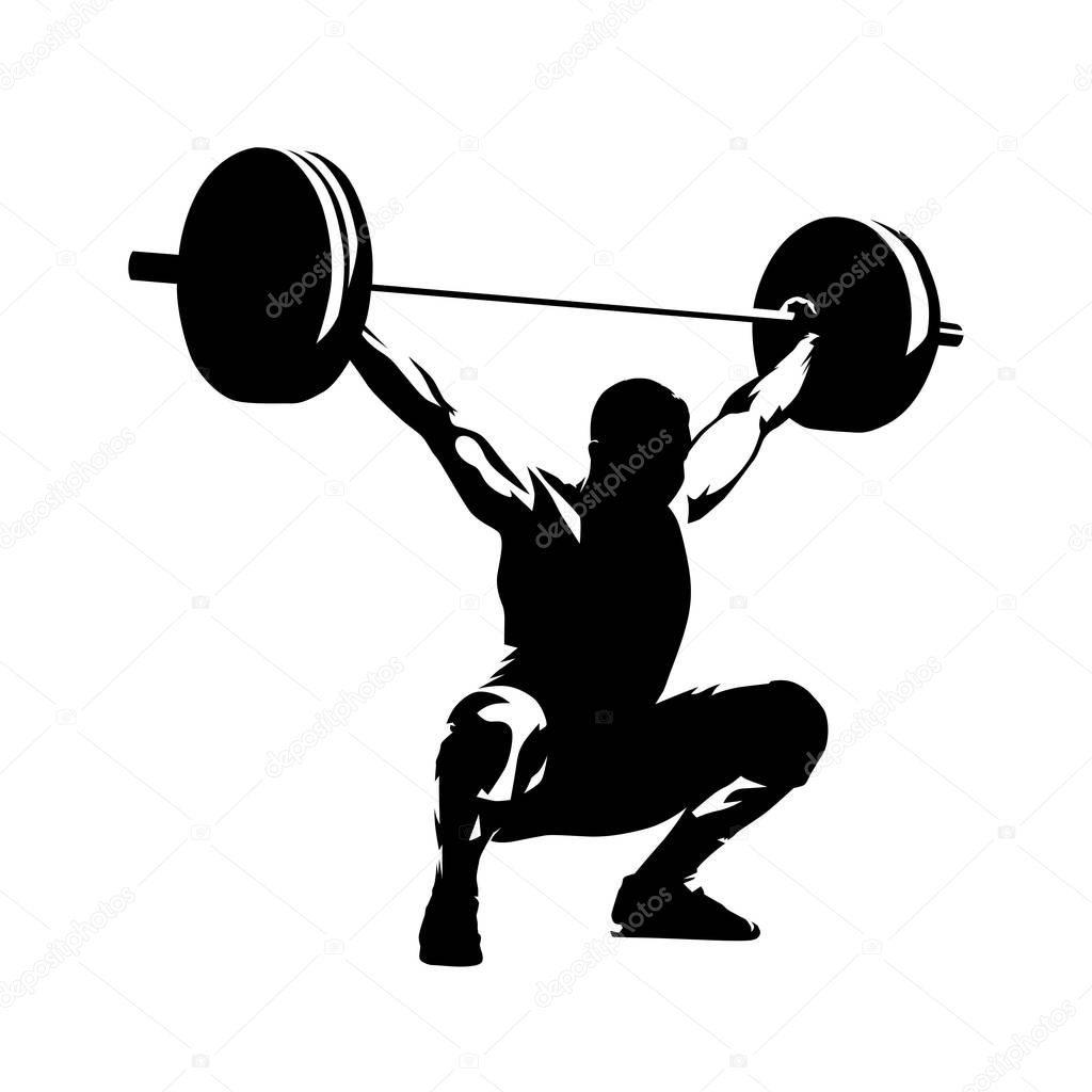 Weightlifter lifts big barbell, isolated vector silhouette, ink drawing