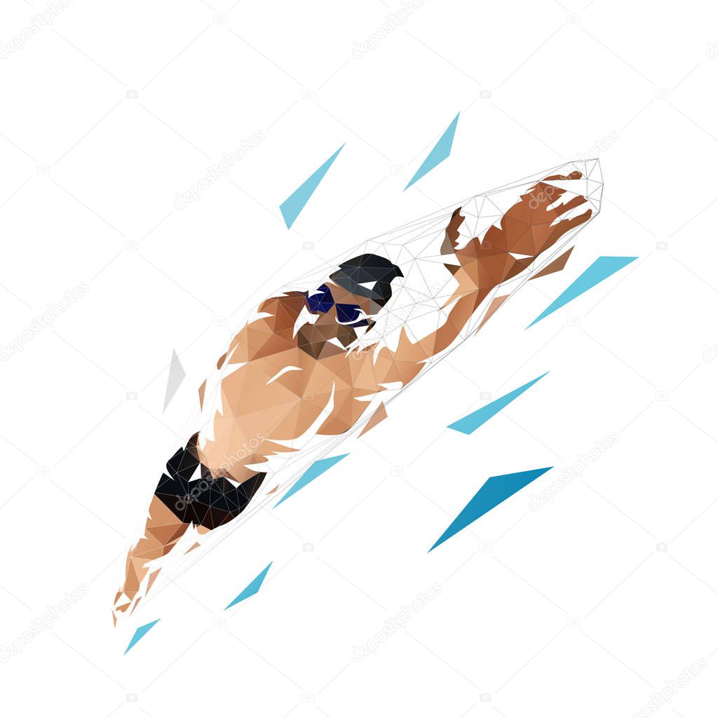 Crawl swimming, isolated vector swimmer low polygonal illustrati