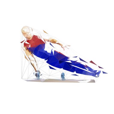 Low poly gymnast performs flairs on pommel horse. Geometric gymn