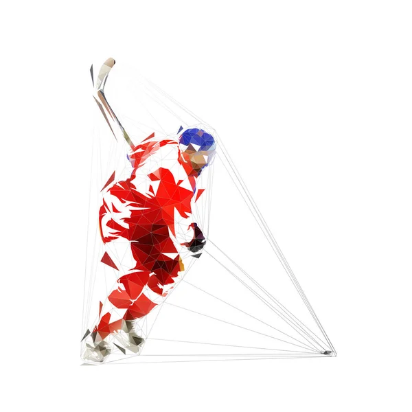 Giocatore di hockey su ghiaccio tiro disco, isolato vettore poligonale basso i — Vettoriale Stock