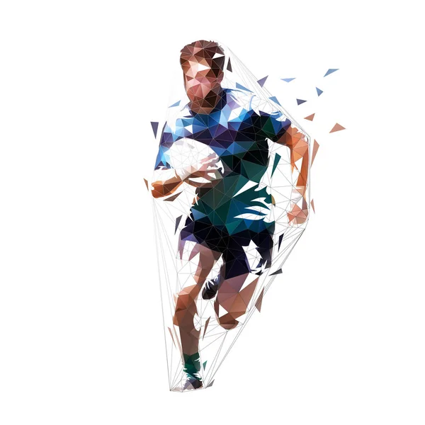 Joueur de rugby en cours d'exécution avec balle, faible vecteur isolé polygonal il — Image vectorielle