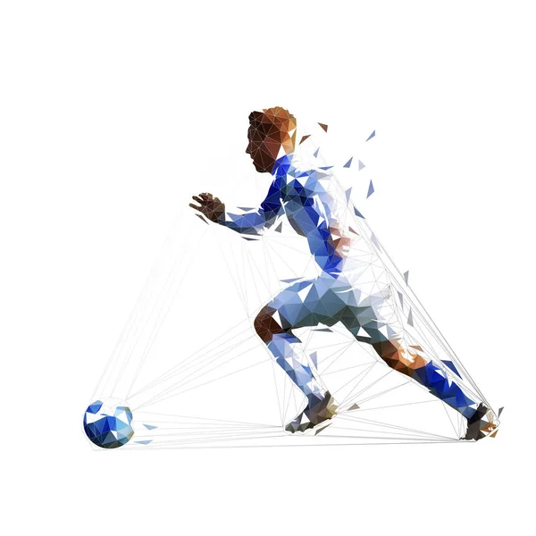 Jogador de futebol correndo com bola, baixo poli isolado vetor drawin — Vetor de Stock