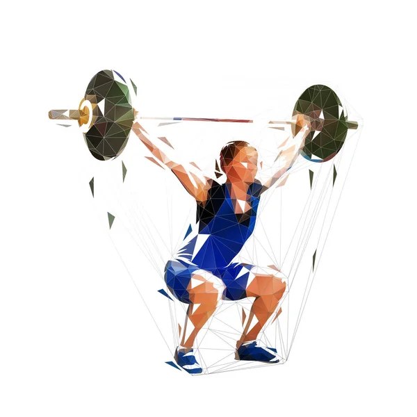 Frau im Gewichtheben, niedrige polygonale Vektordarstellung. isoliert — Stockvektor