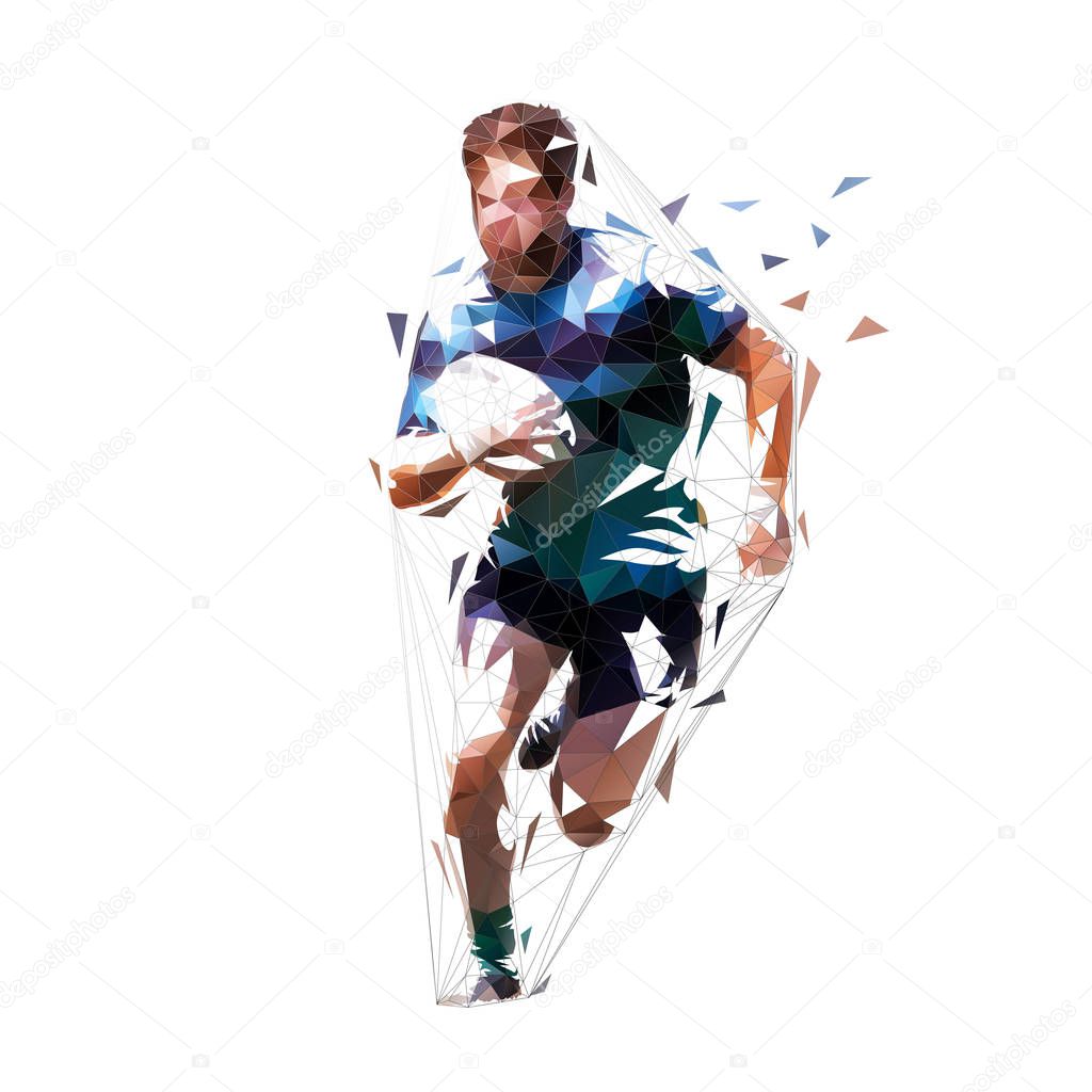 Rugby player running with ball, low polygonal isolated vector il