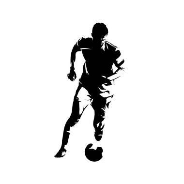 Futbol oyuncu topu ile çalışan, soyut izole vektör silueti